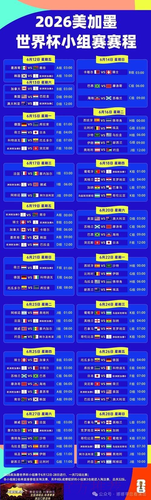2026世界杯每日赛程今日最新时间表免费观看